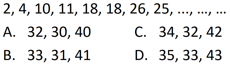 2,4,10, 11, 18, 18,26,25, ...,...,..... 