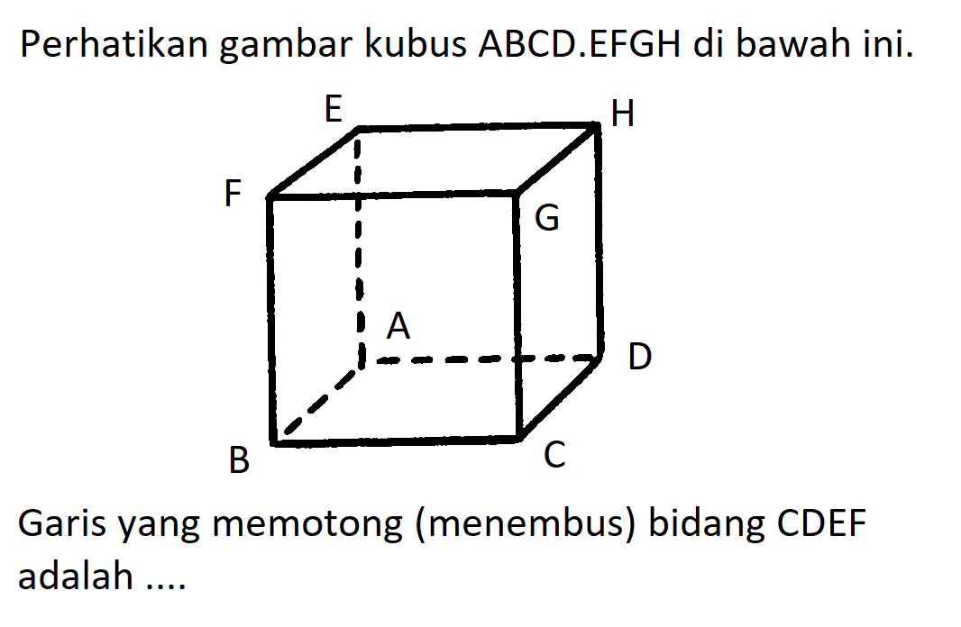 Perhatikan gambar kubus ABCD.EFGH di bawah ini. Garis yang memotong (menembus) bidang CDEF adalah ....