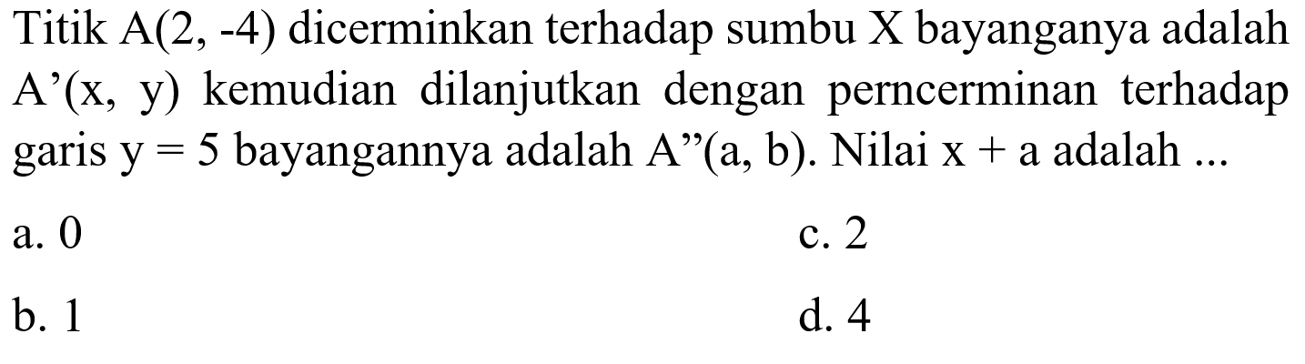 Titik A(2, -4) dicerminkan terhadap sumbu X bayanganya adalah A'(x, y) kemudian dilanjutkan dengan perncerminan terhadap garis y=5 bayangannya adalah A"(a, b). Nilai x + a adalah