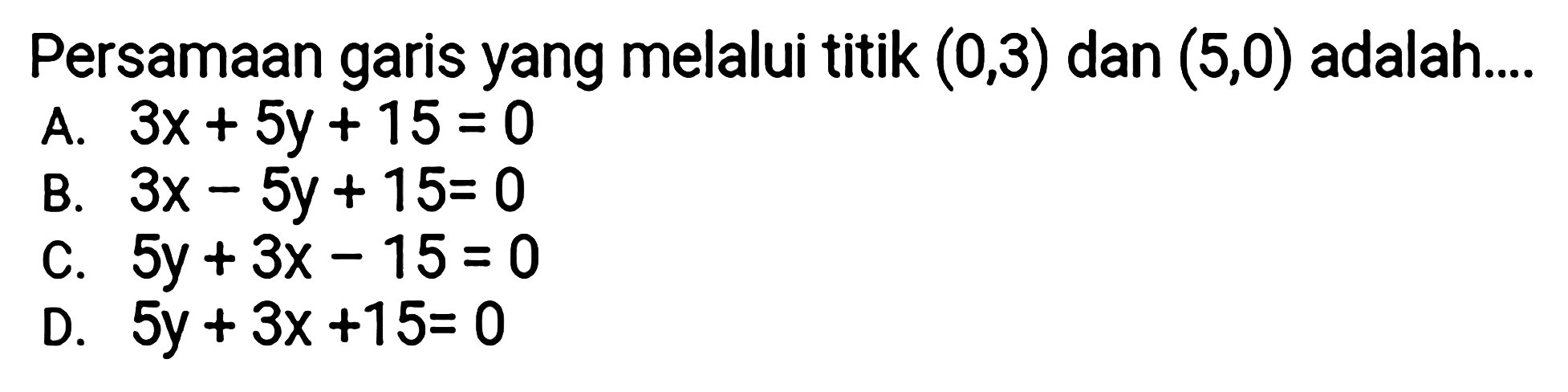 Persamaan garis yang melalui titik (0,3) dan (5,0) adalah...