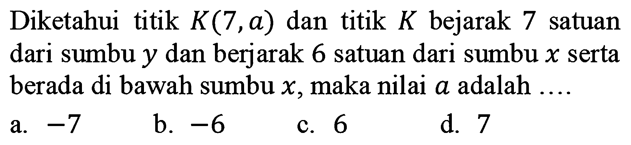 Diketahui titik K(7,a) dan titik K bejarak 7 satuan dari sumbu y dan berjarak 6 satuan dari sumbu x serta berada di bawah sumbu x, maka nilai a adalah  .... 