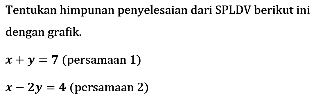 Tentukan himpunan penyelesaian dari SPLDV berikut ini dengan grafik x+y=7 (persamaan 1) x-2y=4 (persamaan 2)