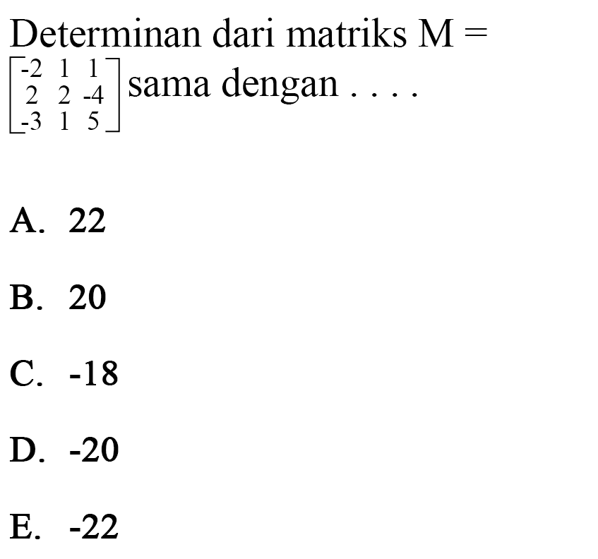 Determinan dari matriks M = [-2 1 1 2 2 -4 -3 1 5] sama dengan....