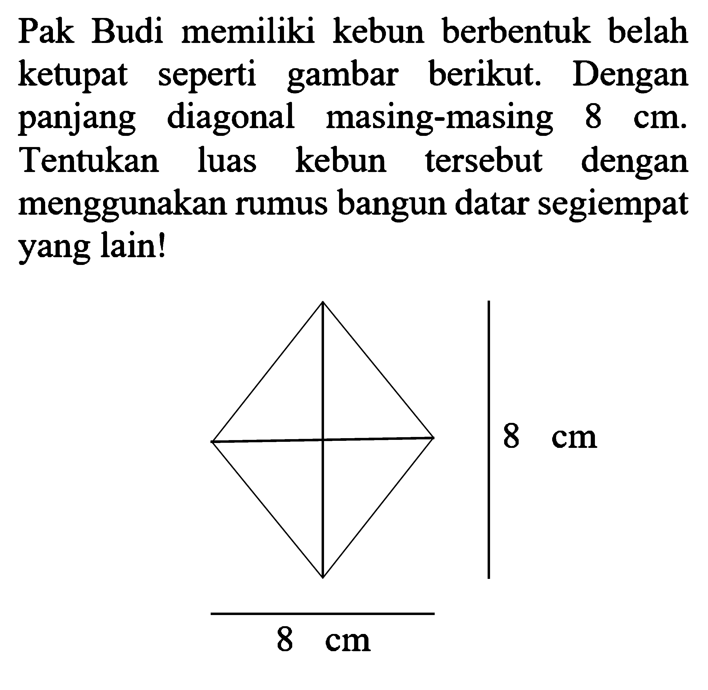 Pak Budi memiliki kebun berbentuk belah ketupat seperti gambar berikut. Dengan panjang diagonal masing-masing  8 cm . Tentukan luas kebun tersebut dengan menggunakan rumus bangun datar segiempat yang lain! 8 cm 8 cm 