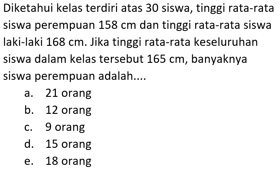 Diketahui kelas terdiri atas 30 siswa, tinggi rata-rata siswa perempuan 158 cm dan tinggi rata-rata siswa laki-laki 168 cm. Jika tinggi rata-rata keseluruhan siswa dalam kelas tersebut 165 cm, banyaknya siswa perempuan adalah ...