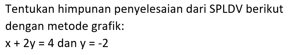 Tentukan himpunan penyelesaian dari SPLDV berikut dengan metode grafik: x + 2y = 4 dan y = - 2