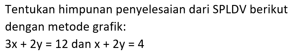 Tentukan himpunan penyelesaian dari SPLDV berikut dengan metode grafik: 3x + 2y = 12 dan x + 2y = 4