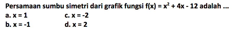 Persamaan sumbu simetri dari grafik fungsi f(x) = x^2 + 4x - 12 adalah ...