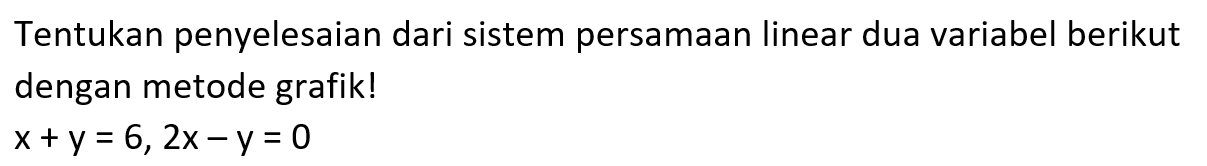 Tentukan penyelesaian dari sistem persamaan linear dua variabel berikut dengan metode grafik ! x + y = 6, 2x - y = 0