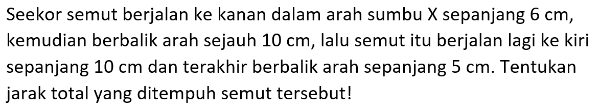 Seekor semut berjalan ke kanan dalam arah sumbu X sepanjang 6 cm, kemudian berbalik arah sejauh 10 cm, lalu semut itu berjalan lagi ke kiri sepanjang 10 cm dan terakhir berbalik arah sepanjang 5 cm. Tentukan jarak total yang ditempuh semut tersebut!