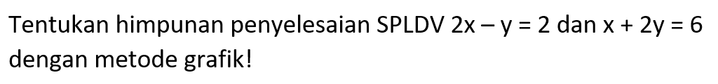 Tentukan himpunan penyelesaian SPLDV 2x - y = 2 dan x + 2y = 6 dengan metode grafik!