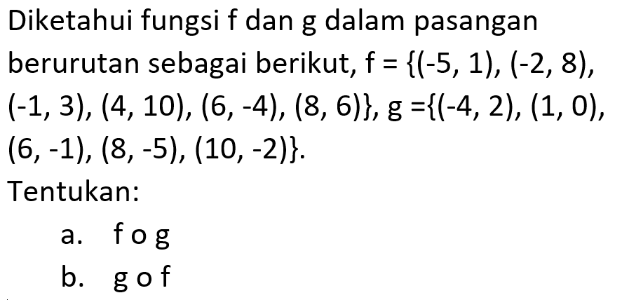 Diketahui fungsi f dan g dalam pasangan berurutan sebagai berikut,  f={(-5,1),(-2,8),(-1,3),(4,10),(6,-4),(8,6)}, g={(-4,2),(1,0),(6,-1),(8,-5),(10,-2)}.Tentukan:a. fogb. gof 