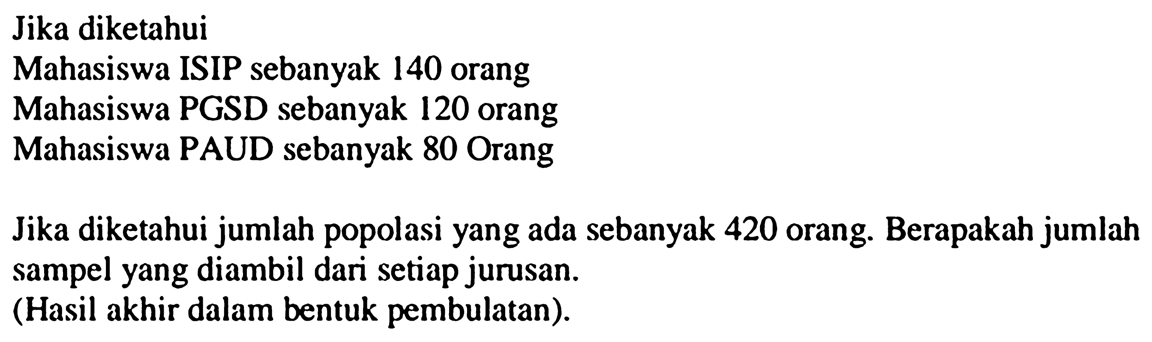 Jika diketahui
Mahasiswa ISIP sebanyak 140 orang
Mahasiswa PGSD sebanyak 120 orang
Mahasiswa PAUD sebanyak 80 Orang
Jika diketahui jumlah populasi yang ada sebanyak 420 orang. Berapakah jumlah sampel yang diambil dari setiap jurusan.
(Hasil akhir dalam bentuk pembulatan).