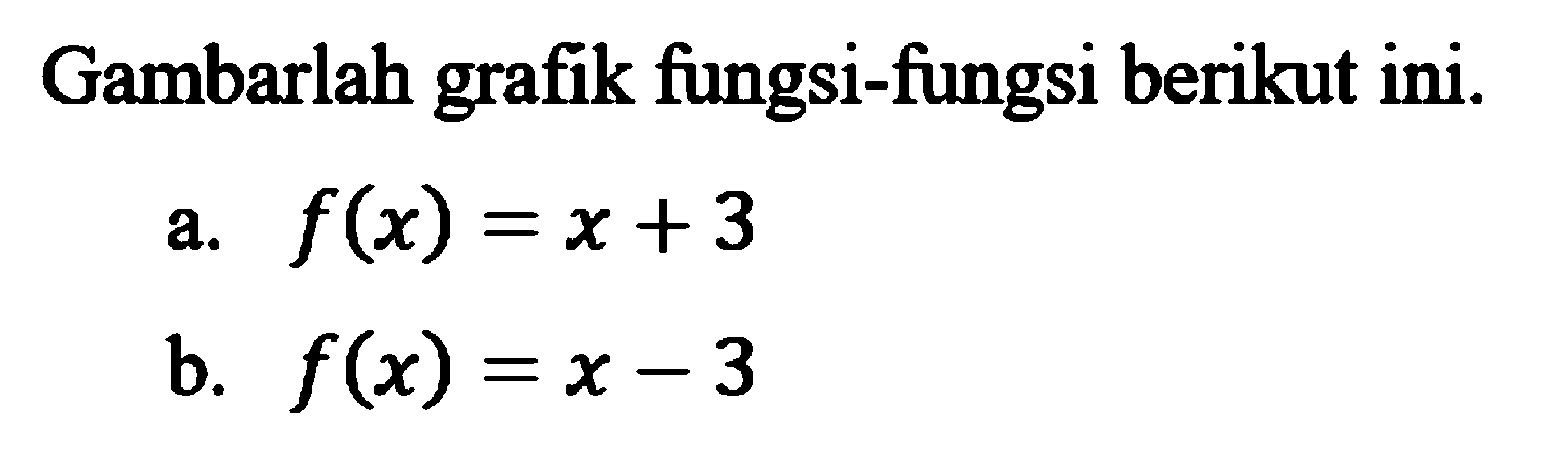 Gambarlah grafik fungsi-fungsi berikut ini. a. f(x) =  x + 3 b. f(x) = x - 3