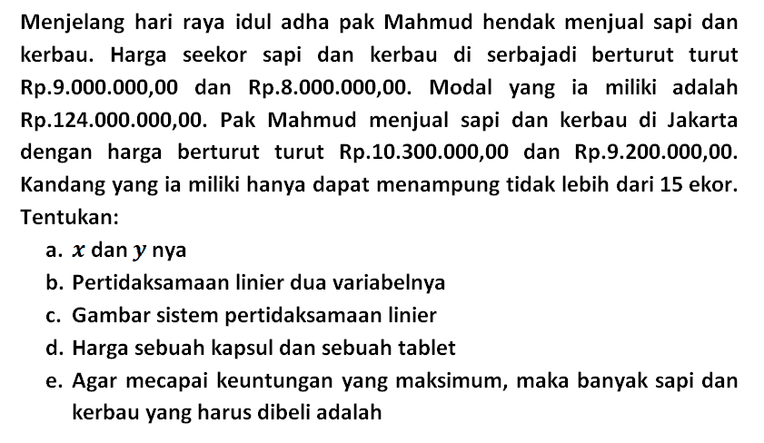 Menjelang hari raya idul adha pak Mahmud hendak menjual sapi dan kerbau. Harga seekor sapi dan kerbau di serbajadi berturut turut Rp.9.000.000,00 dan Rp.8.000.000,00. Modal yang ia miliki adalah Rp.124.000.000,00. Pak Mahmud menjual sapi dan kerbau di Jakarta dengan harga berturut turut Rp.10.300.000,00 dan Rp.9.200.000,00. Kandang yang ia miliki hanya dapat menampung tidak lebih dari 15 ekor. Tentukan: a. x dan y nya b. Pertidaksamaan linier dua variabelnya c. Gambar sistem pertidaksamaan linier d. Harga sebuah kapsul dan sebuah tablet e. Agar mecapai keuntungan yang maksimum, maka banyak sapi dan kerbau yang harus dibeli adalah