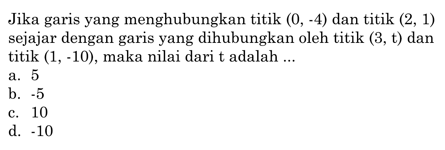 Jika garis yang menghubungkan titik  (0,-4)  dan titik  (2,1)  sejajar dengan garis yang dihubungkan oleh titik  (3, t)  dan titik  (1,-10) , maka nilai dari t adalah ...
a. 5
b.  -5 
c. 10
d.  -10 