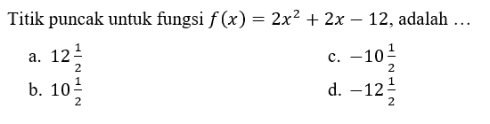 Titik puncak untuk fungsi f(x) = 2x^2 + 2x - 12, adalah