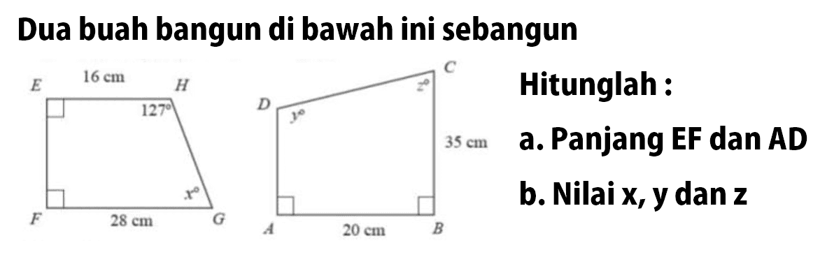 Dua buah bangun di bawah ini sebangun
Hitunglah : 16 cm 28 cm 35 cm 20 cm
a. Panjang EF dan AD
b. Nilai  x, y  dan  z 