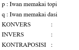 p : Iwan memakai topiq : Iwan memakai dasiKONVERS : INVERS : KONTRAPOSISI : 