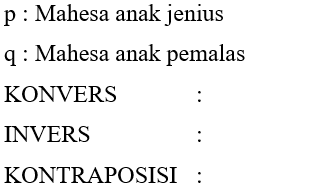 p : Mahesa anak jenius q : Mahesa anak pemalas KONVERS : INVERS : KONTRAPOSISI : 