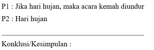 P1 : Jika hari hujan, maka acara kemah diundur P2 : Hari hujanKonklusi/Kesimpulan :