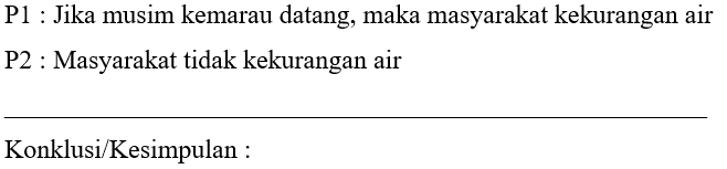 P1 : Jika musim kemarau datang, maka masyarakat kekurangan air P2 : Masyarakat tidak kekurangan air
Konklusi/Kesimpulan :