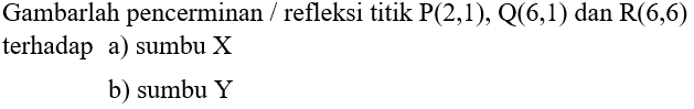 Gambarlah pencerminan/refleksi titik P(2,1), Q(6,1) dan R(6,6) terhadap a)sumbu X b) sumbu Y
