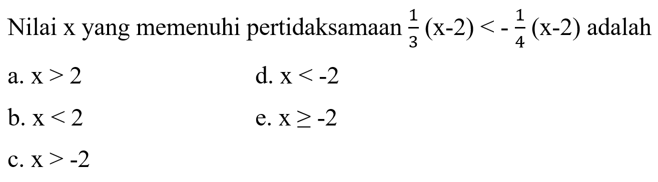 Nilai x yang memenuhi pertidaksamaan 1/3(x-2)<-1/4(x-2) adalah