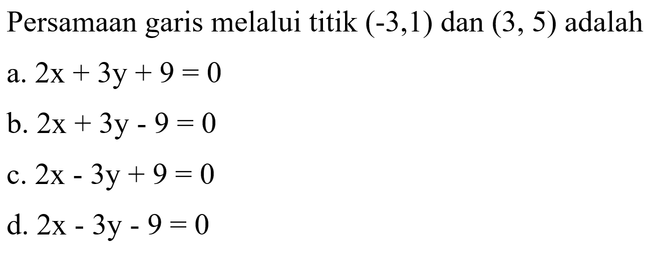 Persamaan garis yang melalui titik (-3, 1) dan (3, 5) adalah ....