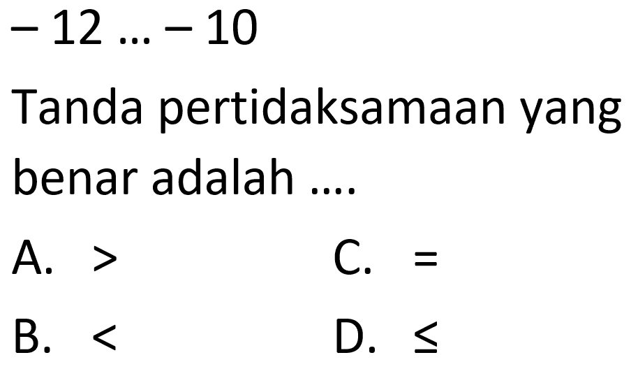  -12 ... -10 
Tanda pertidaksamaan yang benar adalah ....
