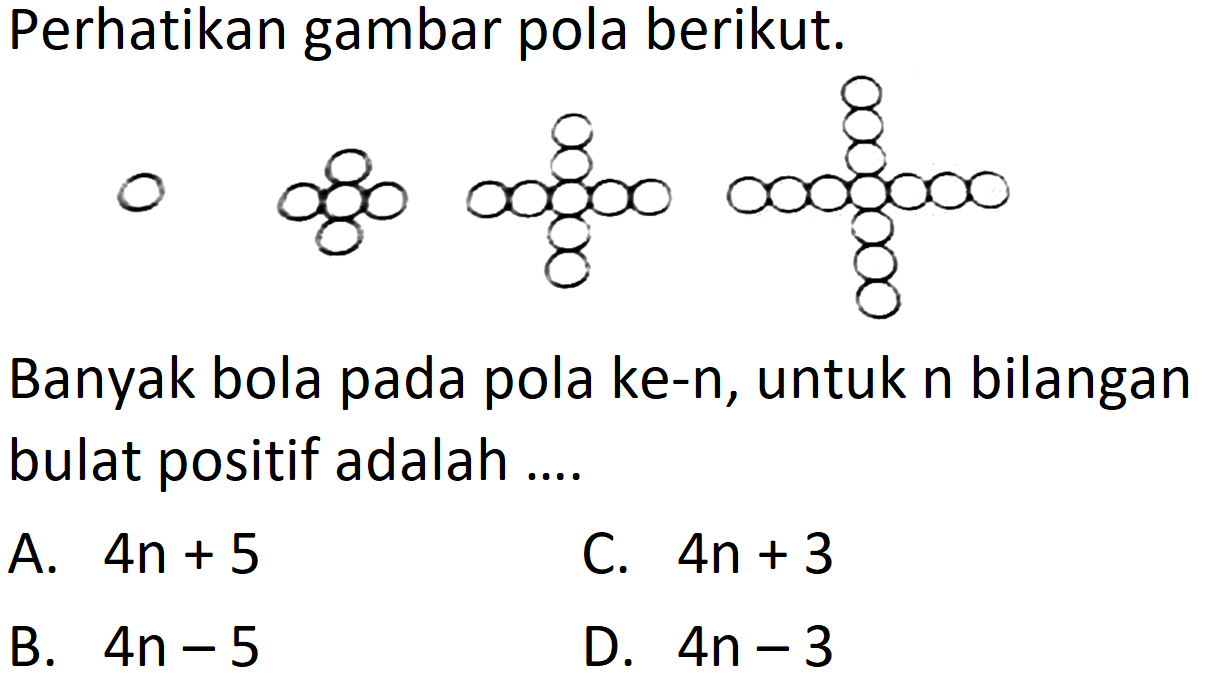 Perhatikan gambar pola berikut. Banyak bola pada pola ke-n, untuk n bilangan bulat positif adalah 