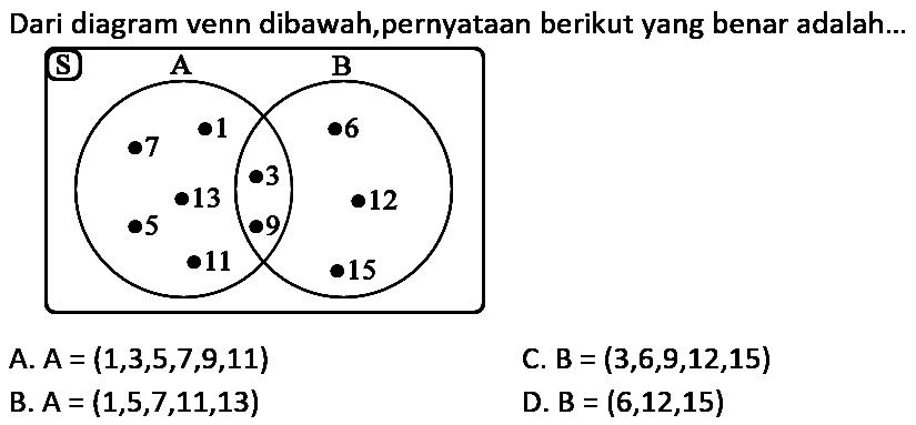 Dari diagram venn dibawah,pernyataan berikut yang benar adalah...
A.  A=(1,3,5,7,9,11) 
C.  B=(3,6,9,12,15) 
B.  A=(1,5,7,11,13) 
D.  B=(6,12,15) 