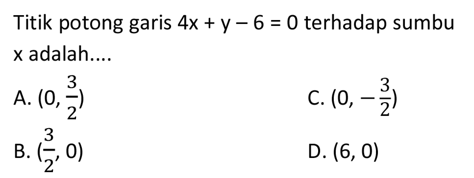 Titik potong garis  4 x+y-6=0  terhadap sumbu  x  adalah....
A.  (0, (3)/(2)) 
C.  (0,-(3)/(2)) 
B.  ((3)/(2), 0) 
D.  (6,0) 