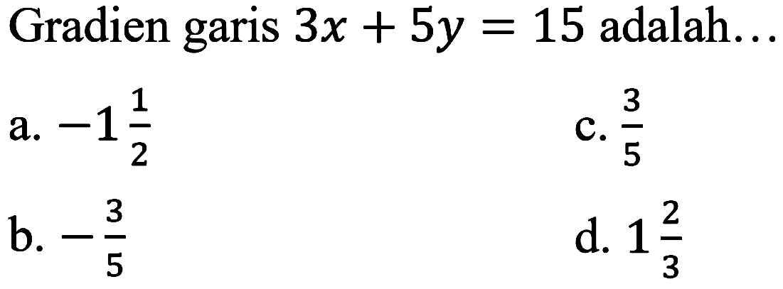 Gradien garis  3 x+5 y=15  adalah...
a.  -1 1/2 
c.  (3)/(5) 
b.  -(3)/(5) 
d.  1 (2)/(3) 