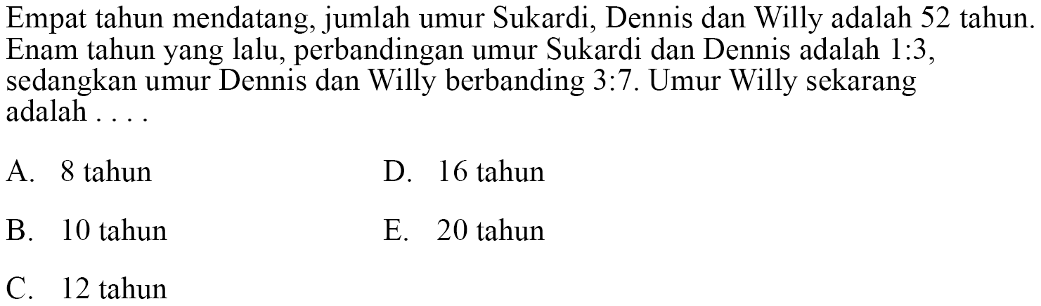 Empat tahun mendatang, jumlah umur Sukardi, Dennis dan Willy adalah 52 tahun. Enam tahun yang lalu, perbandingan umur Sukardi dan Dennis adalah 1:3, sedangkan umur Dennis dan Willy berbanding 3:7. Umur Willy sekarang adalah .... 