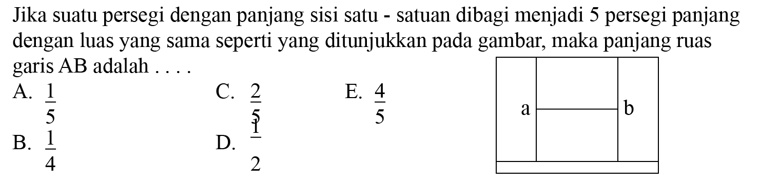 Jika suatu persegi dengan panjang sisi satu-satuan dibagi menjadi 5 persegi panjang dengan luas yang sama seperti yang ditunjukkan pada gambar, maka panjang ruas garis AB adalah ....