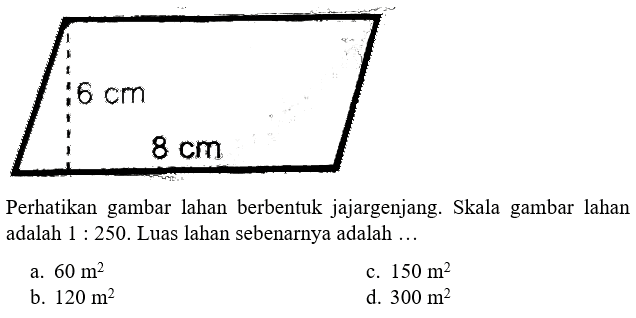 Perhatikan gambar lahan berbentuk jajargenjang. Skala gambar lahan adalah 1:250. Luas lahan sebenarnya adalah... 6 cm 8 cm