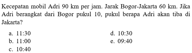 Kecepatan mobil Adri 90 km per jam. Jarak Bogor-Jakarta 60 km. Jika Adri berangkat dari Bogor pukul 10, pukul berapa Adri akan tiba di Jakarta?