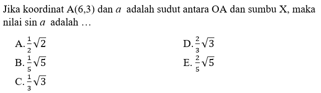 Jika koordinat A(6,3) dan a adalah sudut antara OA dan sumbu X, maka nilai sin a adalah ...