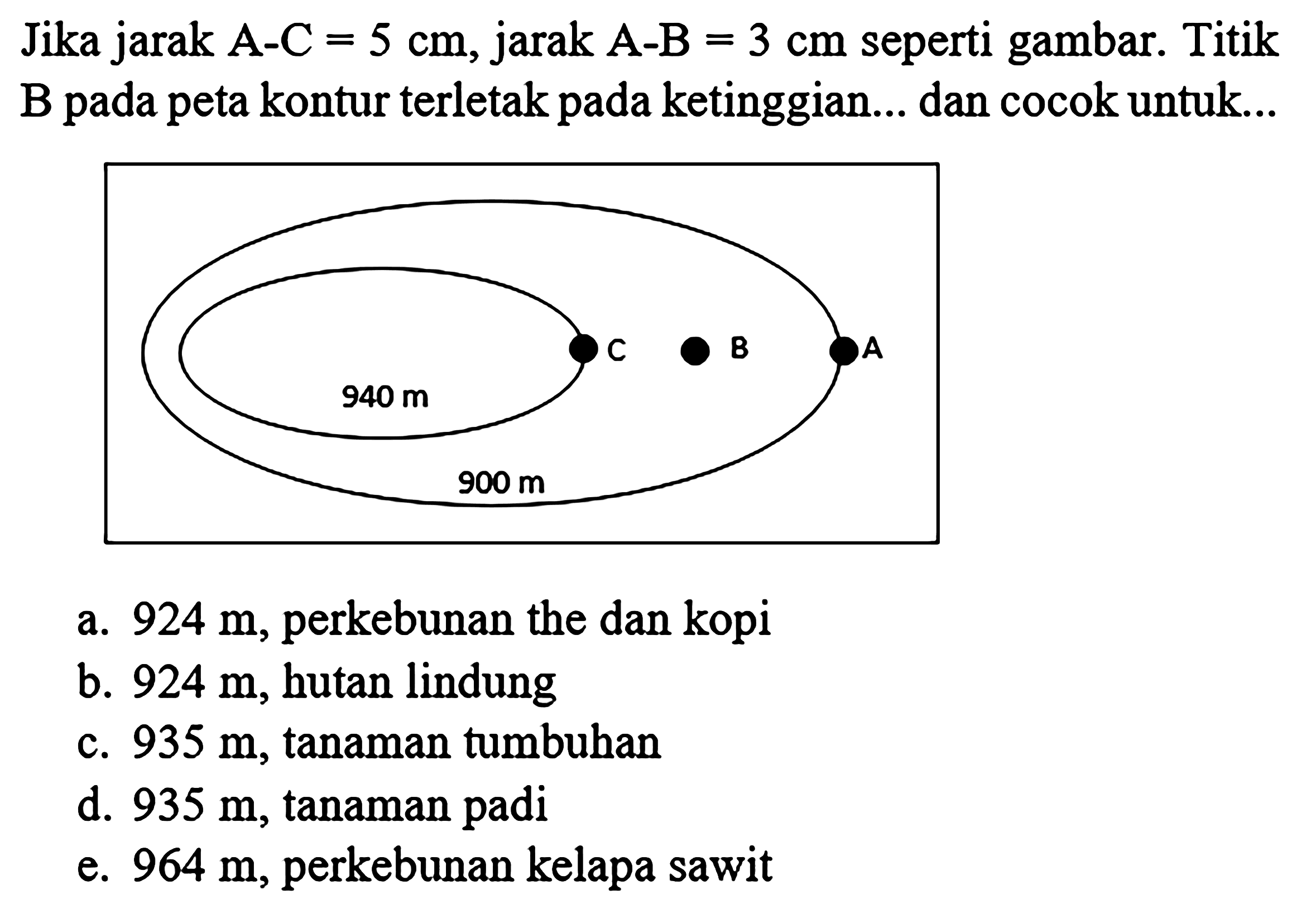 Jika jarak  A-C=5 cm , jarak  A-B=3 cm  seperti gambar. Titik B pada peta kontur terletak pada ketinggian... dan cocok untuk...
a.  924 m , perkebunan the dan kopi
b.  924 m , hutan lindung
c.  935 m , tanaman tumbuhan
d.  935 m , tanaman padi
e.  964 m , perkebunan kelapa sawit