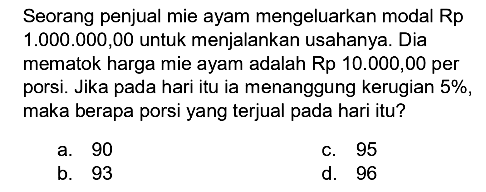 Seorang penjual mie ayam mengeluarkan modal Rp 1.000.000,00 untuk menjalankan usahanya. Dia mematok harga mie ayam adalah Rp 10.000,00 per porsi.  Jika pada hari itu ia menanggung kerugian 5%, maka berapa porsi yang terjual pada hari itu?