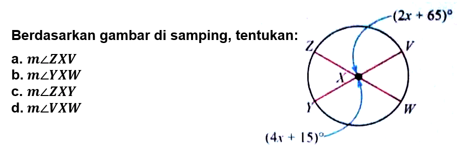 Berdasarkan gambar di samping, tentukan (2x+65) Z V X Y W (4x=15):