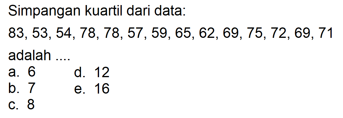 Simpangan kuartil dari data: 83,53,54,78,78,57,59,65,62,69,75,72,69,71 adalah ....
