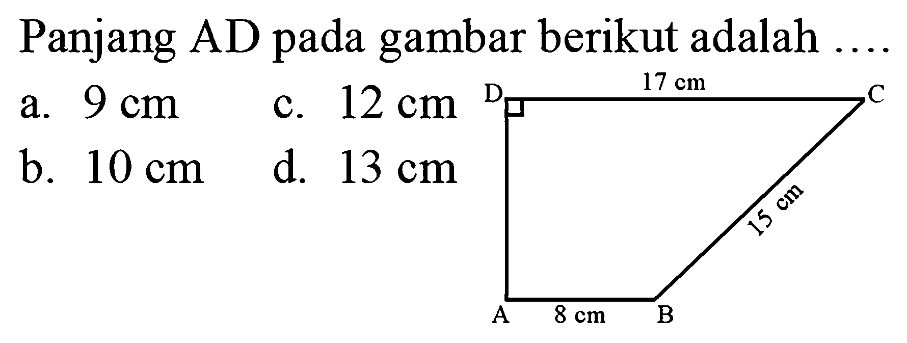 Panjang AD pada gambar berikut adalah ....a. 9 cm c. 12 cm b. 10 cm d. 13 cm 17 cm 8 cm 15 cm