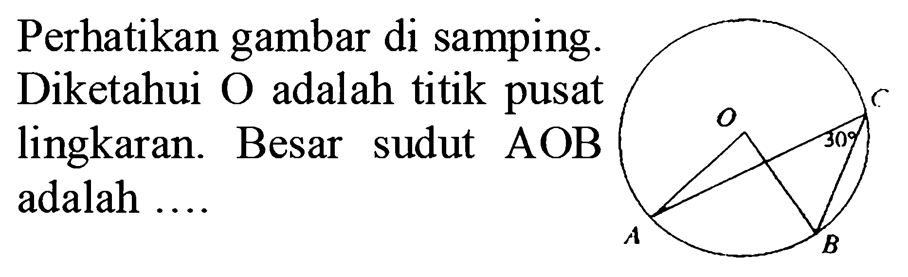 Perhatikan gambar di samping. Diketahui O adalah titik pusat lingkaran. Besar sudut AOB adalah .... 30