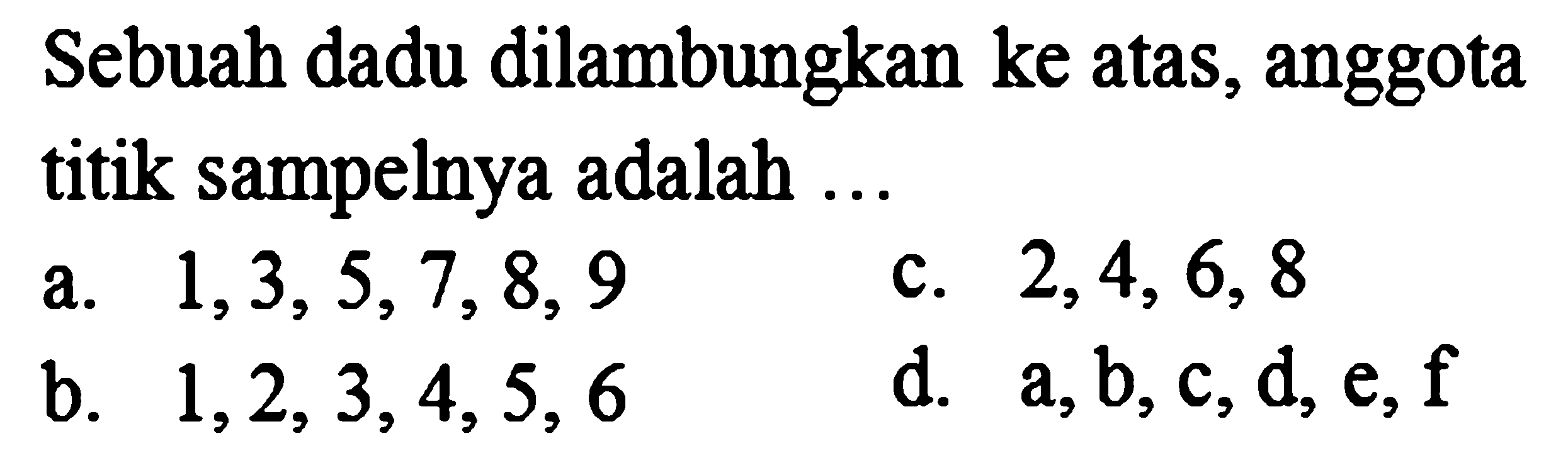 Sebuah dadu dilambungkan ke atas, anggota titik sampelnya adalah ... 