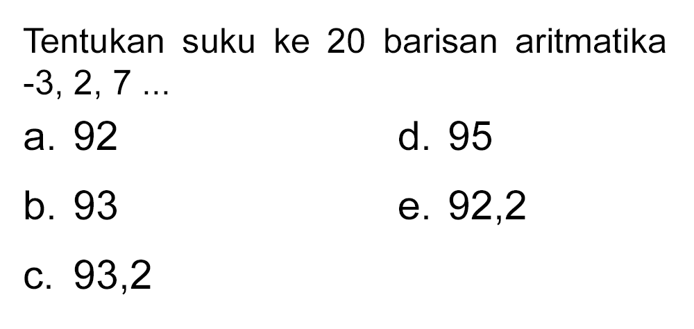 Tentukan suku ke 20 barisan aritmatika -3, 2, 7 ...