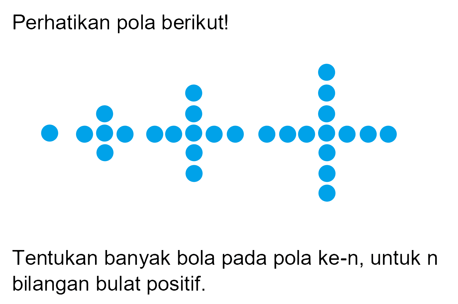 Perhatikan pola berikut! Tentukan banyak bola pada pola ke-n, untuk n bilangan bulat positif. 