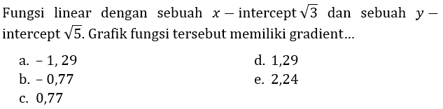 Fungsi linear dengan sebuah  x -intercept  akar(3)  dan sebuah  y-  intercept  akar(5) . Grafik fungsi tersebut memiliki gradient...
a.  -1,29 
d. 1,29
b.  -0,77 
e. 2,24
c. 0,77