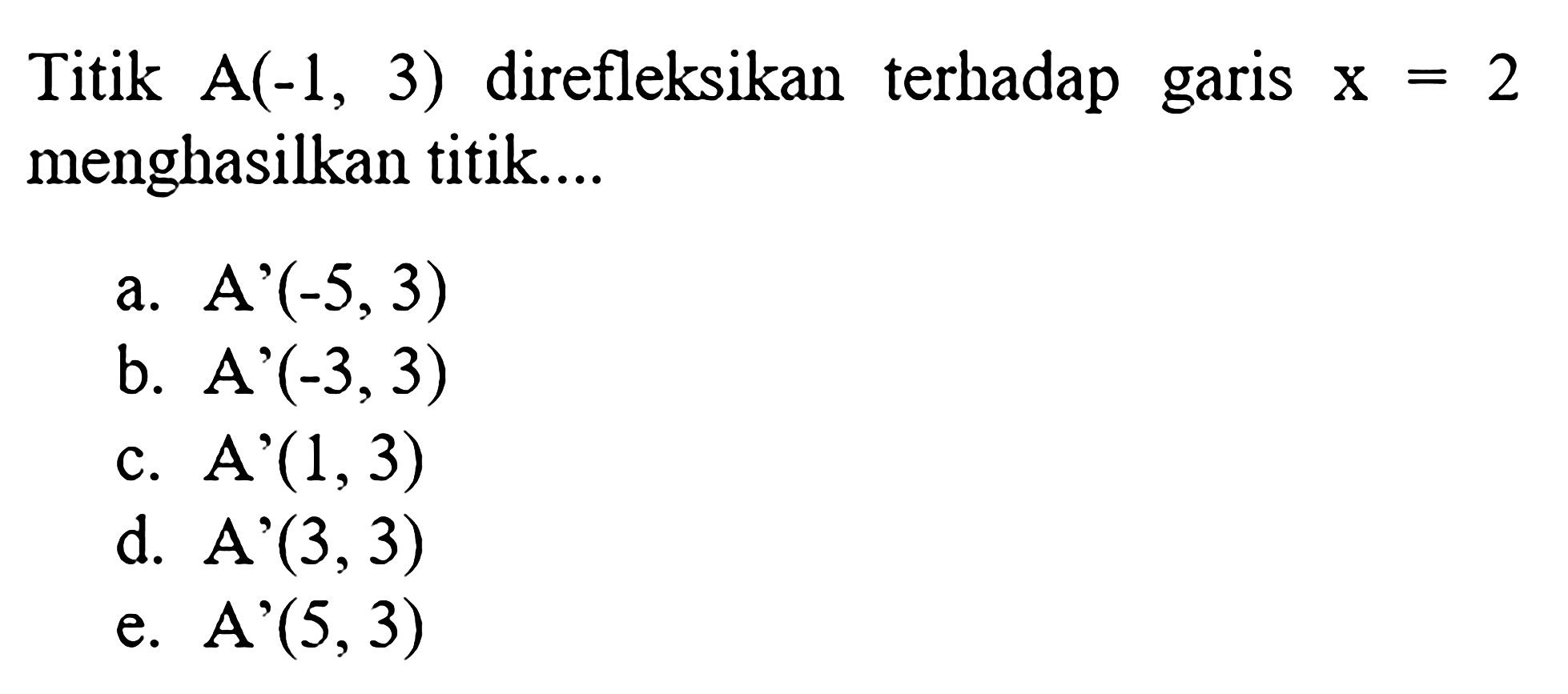 Titik A(-1,3) direfleksikan terhadap garis x = 2 menghasilkan titik...